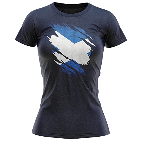 Damen-T-Shirt, Schottland-Rugby-Geschenke, schottische Flagge, zerrissenes Geschenk, schottisches Rugby-T-Shirt, schottisches Geschenk für Mädchen und Damen, navy, M von Purple Print House