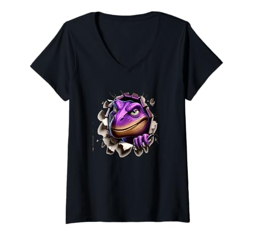 Damen Lila Eidechse bricht durch die Wand T-Shirt mit V-Ausschnitt von Purple Reptilian Creature Art Fantasy World Escape