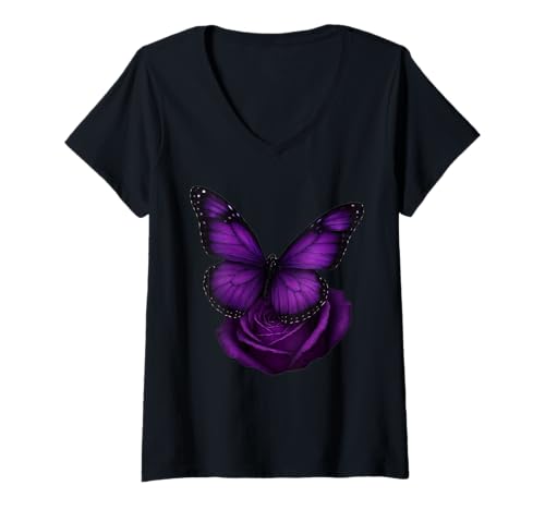 Damen Schöner Schmetterling Lila Rose Schmetterling Liebhaber Geschenke Frauen T-Shirt mit V-Ausschnitt von Purple Rose Butterfly Lovers Gifts Women