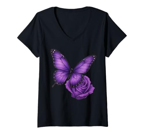 Damen Schöner Schmetterling Lila Rose Schmetterling Liebhaber Geschenke Frauen T-Shirt mit V-Ausschnitt von Purple Rose Butterfly Lovers Gifts Women