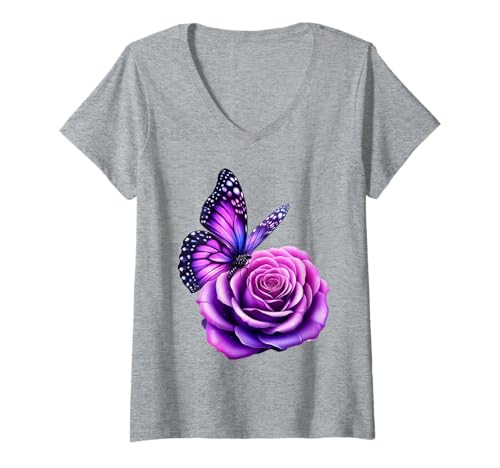 Damen Schöner Schmetterling Lila Rose Schmetterling Liebhaber Geschenke Frauen T-Shirt mit V-Ausschnitt von Purple Rose Butterfly Lovers Gifts Women