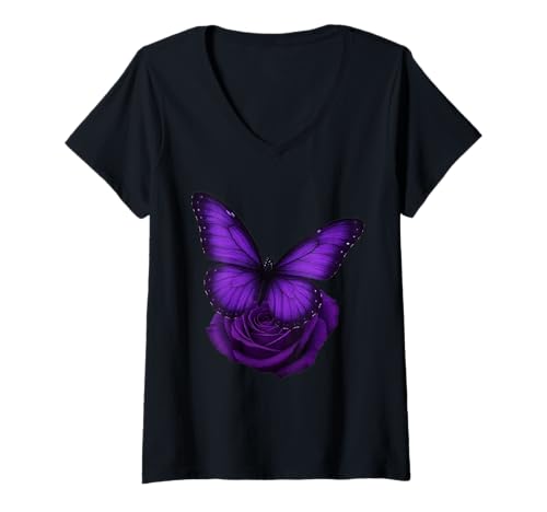 Damen Schöner Schmetterling lila Rose Schmetterling Liebhaber Frauen T-Shirt mit V-Ausschnitt von Purple Rose Butterfly Lovers Women