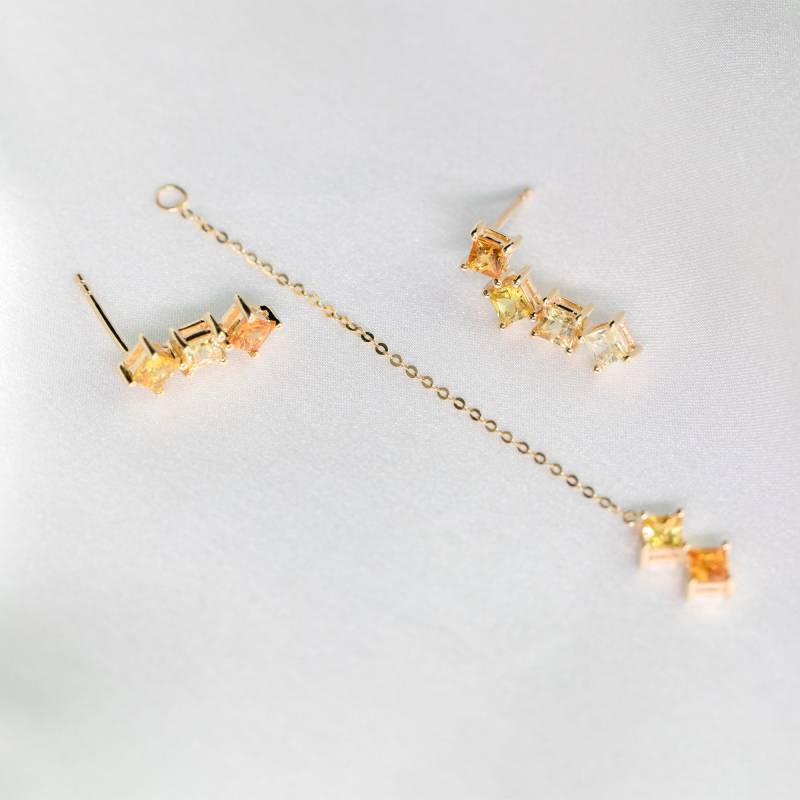 14K 18K Solid Gold Gelber Saphir Ohrstecker Set, Asymmetrie Tropfen Ohrringe, Natürliche Edelstein Purplemay E027Abc von PurpleMayJewellery