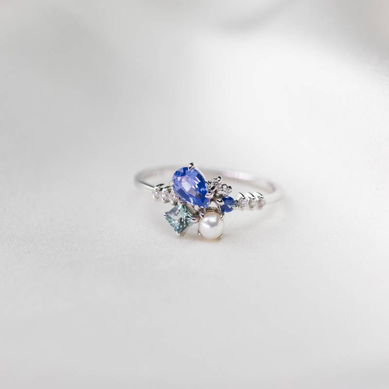 Blauer Saphir Und Akoya Perle, Diamant Cluster Ring, 14K 18K Gold, Personalisierte Hochzeit Jubiläum Geschenk Benutzerdefinierte Ring, Purplemay von PurpleMayJewellery