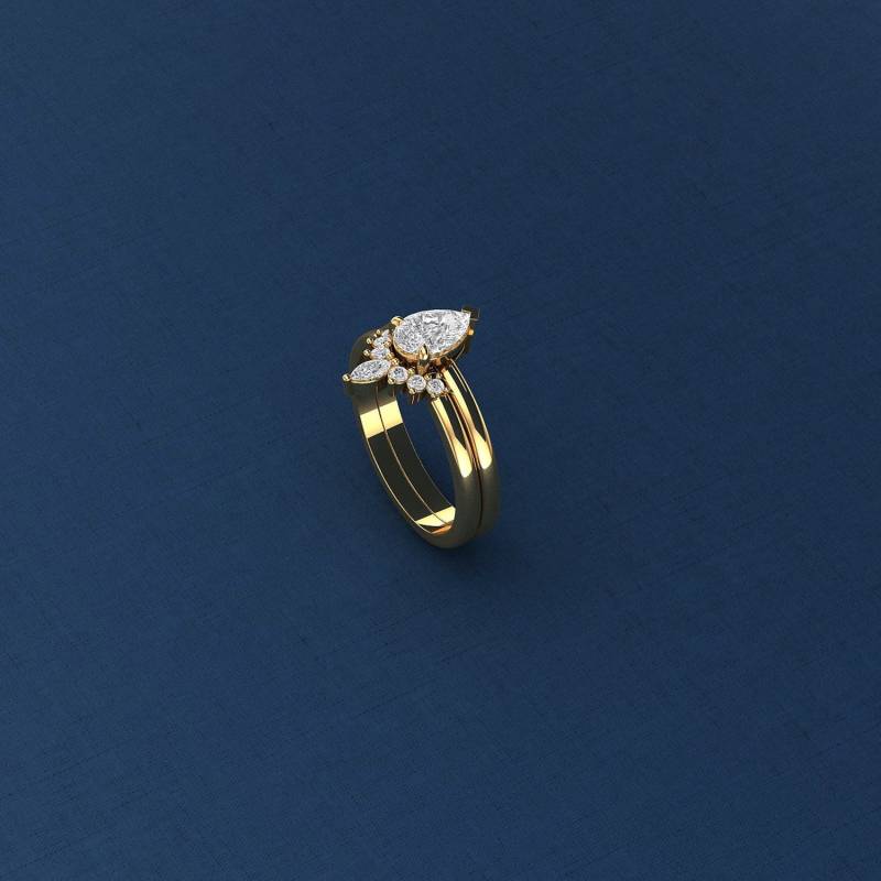 Handgemachter Schmuck, 14K Solid Gold Birnenform Verlobungsring Gebogen Ehering Set, Moissanit Ehering, Braut Versprechen Band-Lucis016Ab von PurpleMayJewellery