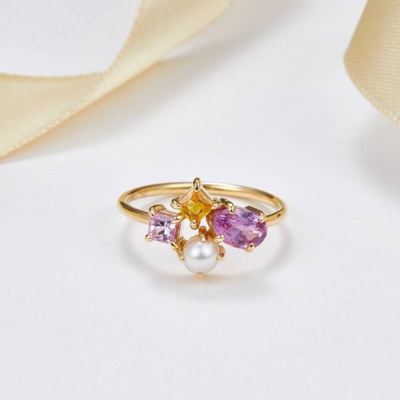 Handgemachter Schmuck, Rosa Saphir Und Akoya Perle Cluster Ring, 14K 18K Gold, Personalisierte Hochzeit Purplemay R068 von PurpleMayJewellery