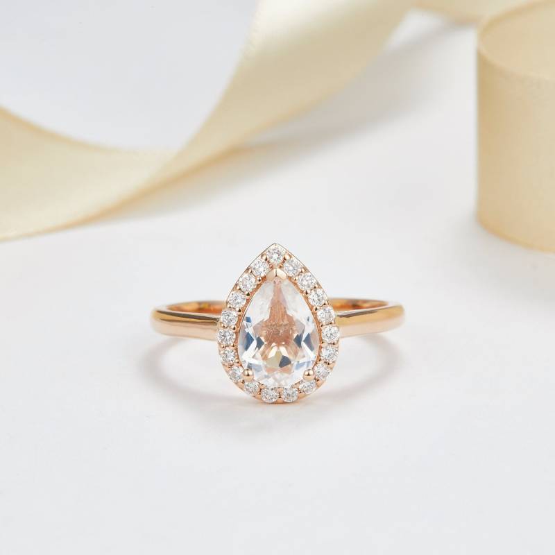 Mondstein Verlobungsring - Birnenform Ring, Benutzerdefinierte Diamant Halo Personalisierte Verlobungsring, Ehering Aus 14K 18K Gold von PurpleMayJewellery
