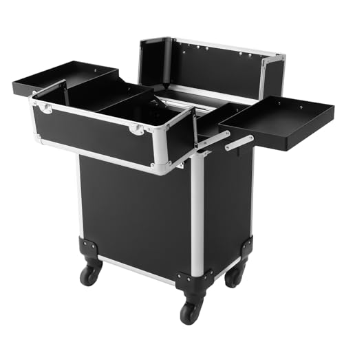 3-in-1 Kosmetikkoffer Trolley, Schminkkoffer Make-up Koffer mit 360° drehbare Rollen Damen Nägel Koffer Kosmetik-Organizer Make-up-Trolley Travel Makeup Bag Organizer für Reise, Friseure (Schwarz) von PurpleMinder