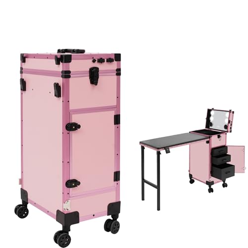 Klappbarer Kosmetikkoffer Trolley, 5 in 1 Make up Koffer mit Led - Spiegel Kosmetik Trolley Schminkkoffer Friseurkoffer Groß Beauty Case Damen Nägel Koffer Multikoffer für Reise, Friseure (Rosa) von PurpleMinder