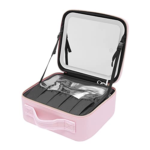 Kosmetiktasche mit Spiegel und Licht, Reise Make up Tasche Tragbare Schminktasche mit Verstellbaren Trennwänden und 7 Kosmetiktasche, Damen Schminkkoffer Geschenk für Frau (Rosa) von PurpleMinder