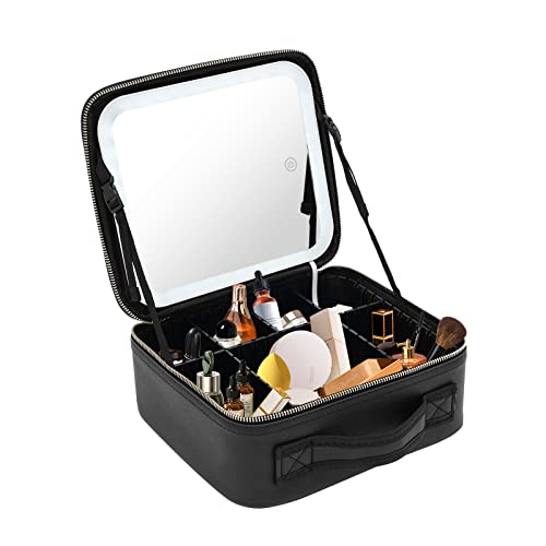 Kosmetiktasche mit Spiegel und Licht, Reise Make up Tasche Tragbare Schminktasche mit Verstellbaren Trennwänden und 7 Kosmetiktasche, Damen Schminkkoffer Geschenk für Frau (Schwarz) Kosmetiktasche mit Spiegel und Licht, Reise Make up Tasche Tragbare Schminktasche mit Verstellbaren Trennwänden und 7 Kosmetiktasche, Damen Schminkkoffer Geschenk für Frau (Schwarz) von PurpleMinder