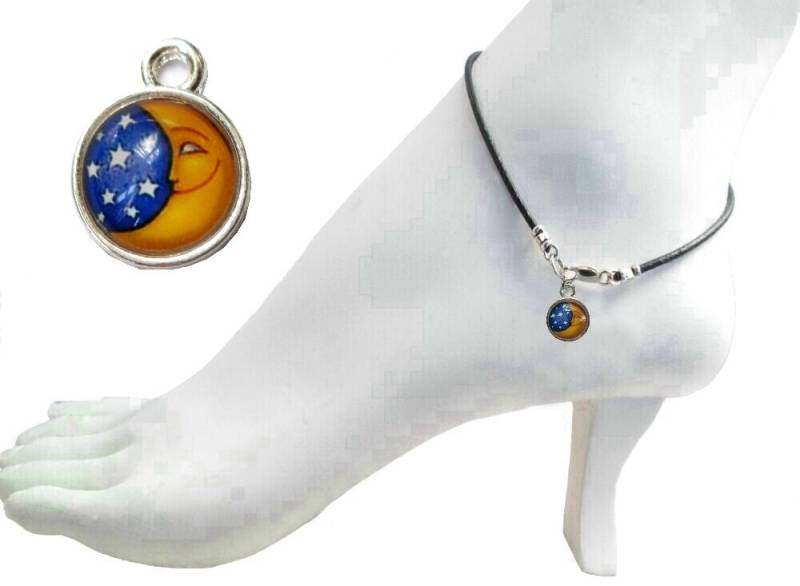 Schwarzes Leder Charm Fußkettchen Mit Celestial Cabochon Sterling Silber Verschluss 5 Designs 9" 9, 5" 10" Größen von PurplePansy22