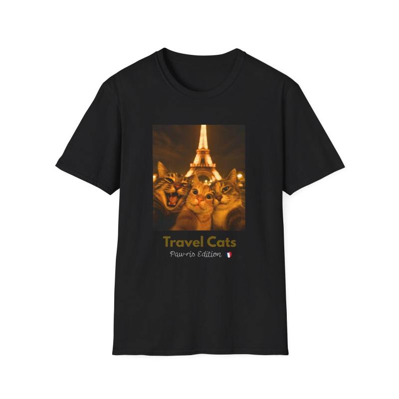 Travel Cats Softstyle T-Shirt, Cat Lover, Gift For Animal Lovers, Fun Graphic Shirt, Eiffel Tower, Say Meow, Selfie Time Paris von PurpleSewingMachine