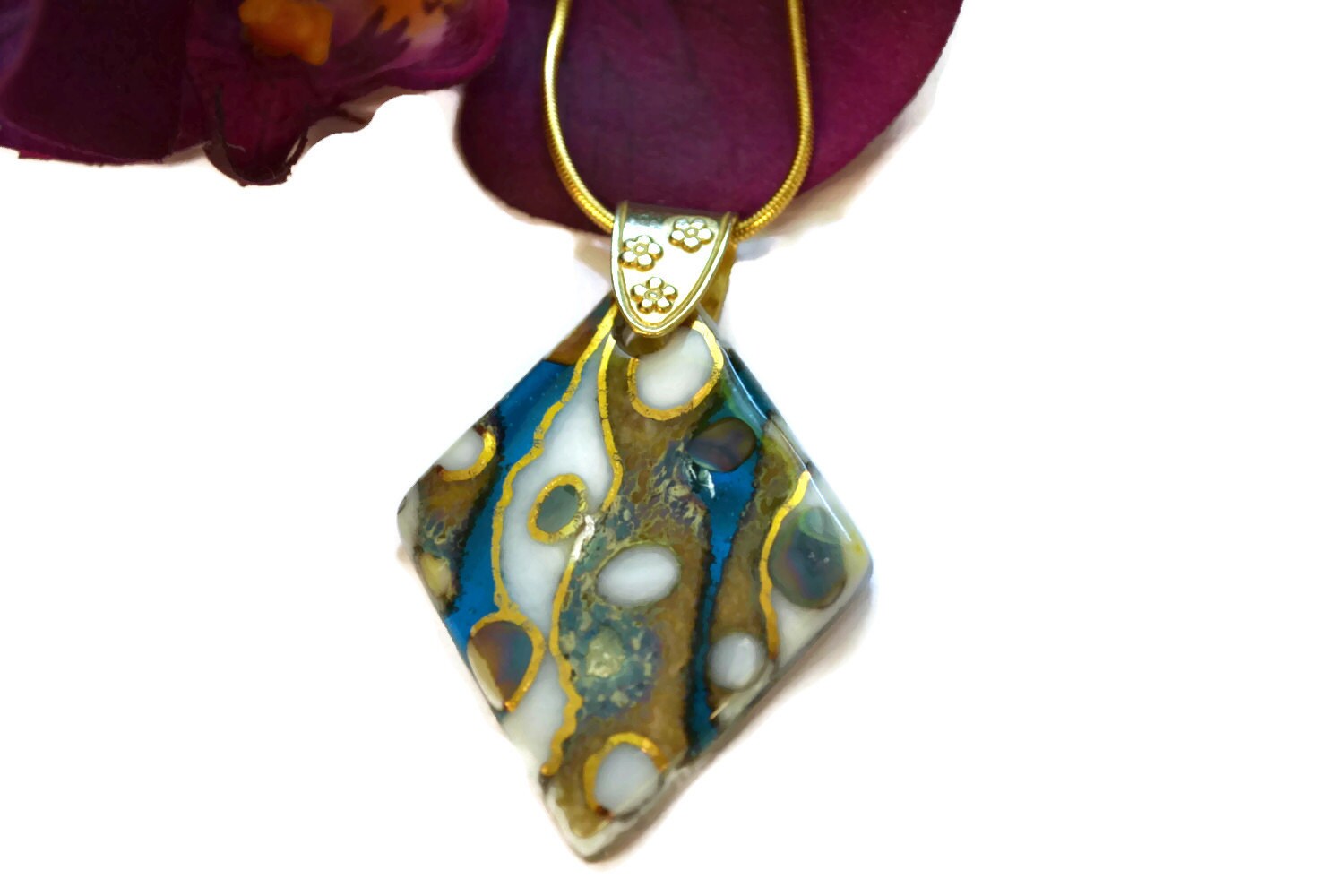 Fusing-Glas Anhänger Halskette Aqua Blau, 18K Gold Akzente Fusing-Glas Anhänger Halskette Aqua Blau, 18K Gold Akzente von PurpleSlugGlassArt