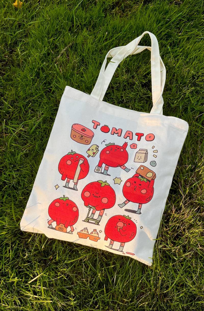 Niedliche Cartoon Tomate Leinentasche | Lustige Und Haltbare Einkaufstasche Mit Innerer Reißverschlusstasche Eis & Scooter Design von PurpleTimes