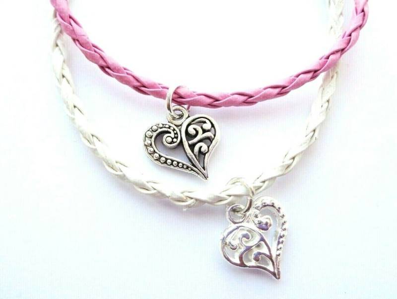 Silbernes Herz Charm - Armband Aus Geflochtenem Leder Rosa Oder Weiß von PurpleTulipGifts