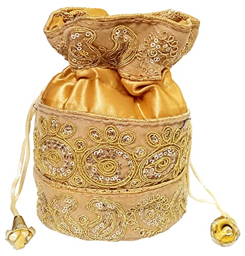 Purpledip Potli Tasche (Clutch, Kordelzug) für Frauen mit aufwendigem Goldfaden und Pailletten-Stickerei, Goldfarben, Medium von Purpledip