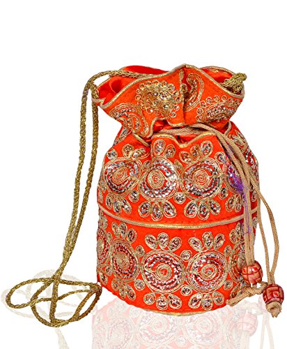 Purpledip Potli Tasche (Clutch, Kordelzug) für Frauen mit aufwendigem Goldfaden und Pailletten-Stickerei, Orange/Abendrot im Zickzackmuster (Sunset Chevron), Einheitsgröße von Purpledip