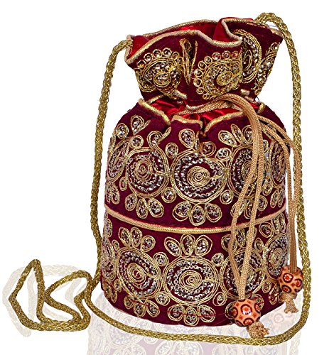 Purpledip Potli Bag (Clutch, Drawstring Purse) For Women With Intricate Gold Thread & Sequin Embroidery Work, kastanienbraun, Einheitsgröße von Purpledip