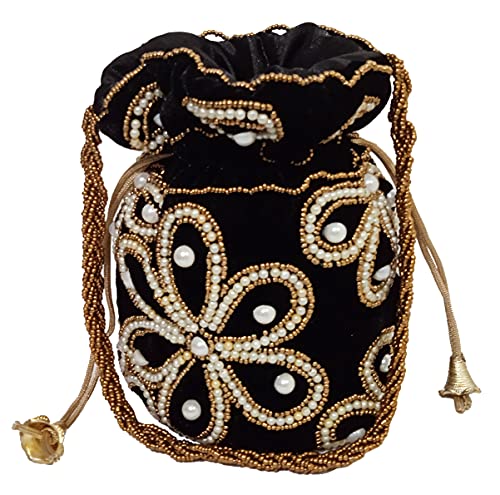 Purpledip Chenille Potli Bag (Clutch, Drawstring Purse): Intricate Bead Work Satchel Handtasche, Schwarz (12396A), Chenille, Schwarz von Purpledip