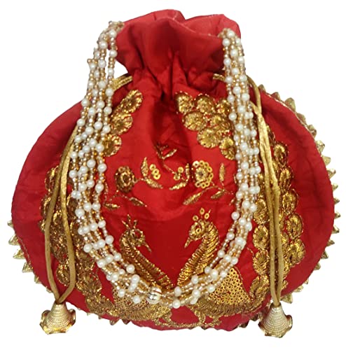 Purpledip Potli Bag (Clutch, Drawstring Purse) For Women With Intricate Gold Thread & Sequin Embroidery Work, Rote Pfauen, Large von Purpledip