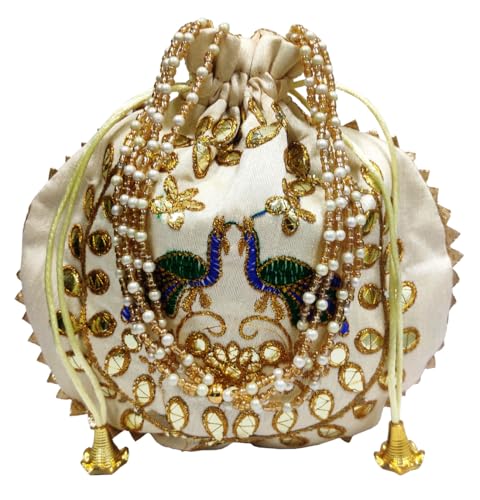 Purpledip Silk Potli Bag (Clutch, Drawstring Purse) With Contrast Peacock: Intricate Gold Thread Embroidery Satchel For Women, Gold (12680A), Gold, Large von Purpledip