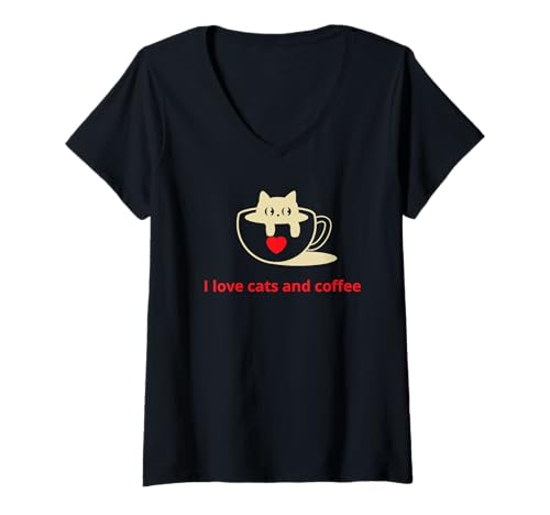 Damen Ich Liebe Katzen und Kaffee T-Shirt mit V-Ausschnitt Damen Ich Liebe Katzen und Kaffee T-Shirt mit V-Ausschnitt von Purr and Brew