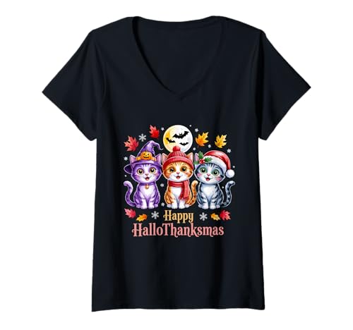 Damen Fröhliche Hallothanksmas Katze Trio Feiertage Freunde T-Shirt mit V-Ausschnitt Damen Fröhliche Hallothanksmas Katze Trio Feiertage Freunde T-Shirt mit V-Ausschnitt von Purr-fect Festive Designs