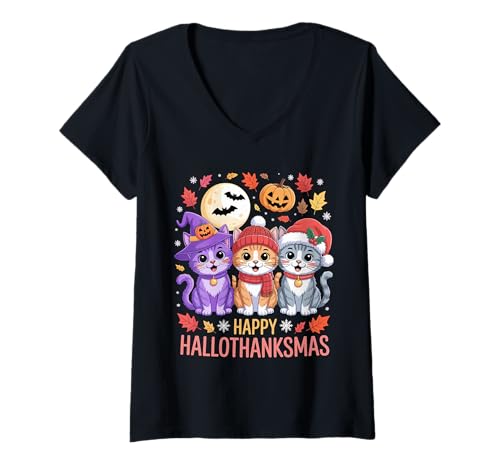 Damen Fröhliche Hallothanksmas Katze Trio Feiertage Freunde T-Shirt mit V-Ausschnitt Damen Fröhliche Hallothanksmas Katze Trio Feiertage Freunde T-Shirt mit V-Ausschnitt von Purr-fect Festive Designs