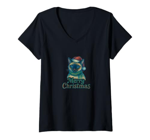 Damen Siamesische Katze Weihnachten Festlich Urlaub Winter Haustier Liebhaber T-Shirt mit V-Ausschnitt von Purrfect Holiday Emporium