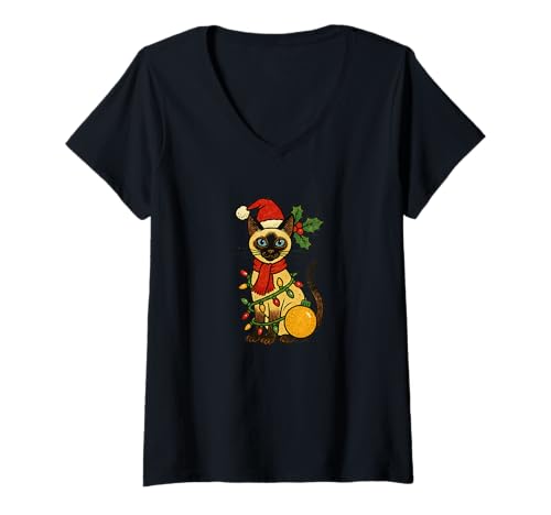 Damen Siamesische Katze Weihnachten Festlich Urlaub Winter Haustier Liebhaber T-Shirt mit V-Ausschnitt von Purrfect Holiday Emporiums