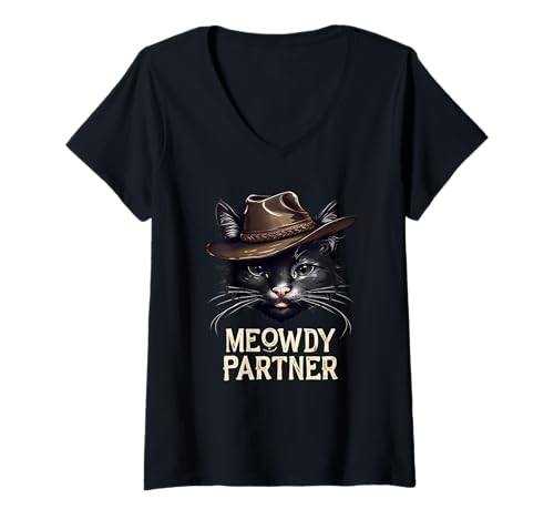 Damen Meowdy Partner Katzen-Cowboy-Western, lustiges Humor-Design für Haustiere T-Shirt mit V-Ausschnitt Damen Meowdy Partner Katzen-Cowboy-Western, lustiges Humor-Design für Haustiere T-Shirt mit V-Ausschnitt von Purrfect Western Vibes