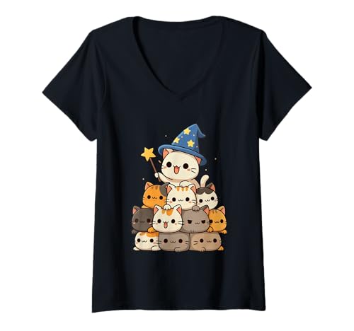 Damen Kawaii Zauberer Katze Stapel Magische süße Katzen T-Shirt mit V-Ausschnitt Damen Kawaii Zauberer Katze Stapel Magische süße Katzen T-Shirt mit V-Ausschnitt von Purrfectly Adorable Cat, Lovers Apparel Store