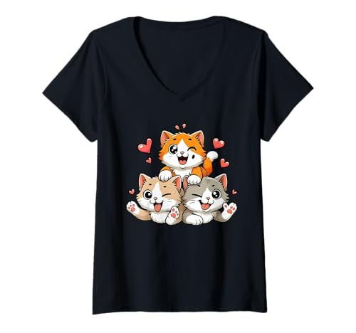 Damen Niedliches Kawaii-Katzen-Neko-Design für Katzen, Liebhaber und Besitzer T-Shirt mit V-Ausschnitt von Purrfectly Adorable Cat Merchandise for Cat