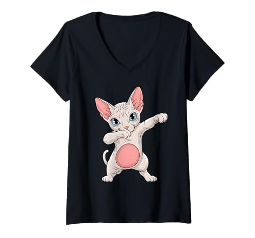 Damen Niedliche Sphynx Cat Dab Dance Grafik für Katzenliebhaber T-Shirt mit V-Ausschnitt Damen Niedliche Sphynx Cat Dab Dance Grafik für Katzenliebhaber T-Shirt mit V-Ausschnitt von Purrfectly Adorable Sphynx Cat Apparel Co.