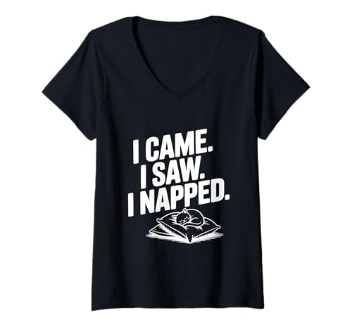 Damen Ich Bin gekommen, ich Habe gesehen, ich Habe EIN Nickerchen gemacht, Lustiger Katzenliebhaber, Humor T-Shirt mit V-Ausschnitt Damen Ich Bin gekommen, ich Habe gesehen, ich Habe EIN Nickerchen gemacht, Lustiger Katzenliebhaber, Humor T-Shirt mit V-Ausschnitt von Purrfectly Lazy Cat Apparel for Cat Enthusiasts