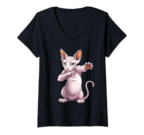 Damen Dabbing Sphynx Cat Cool Cat Lover T-Shirt mit V-Ausschnitt Damen Dabbing Sphynx Cat Cool Cat Lover T-Shirt mit V-Ausschnitt von Purrfectly Quirky Cat Merchandise for Feline Fans