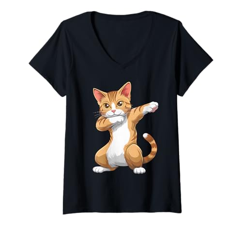 Damen Dabbing Cat Lover Grafik für Katzenliebhaber T-Shirt mit V-Ausschnitt von Purrfectly Whimsical Cats Cat Lover Apparel