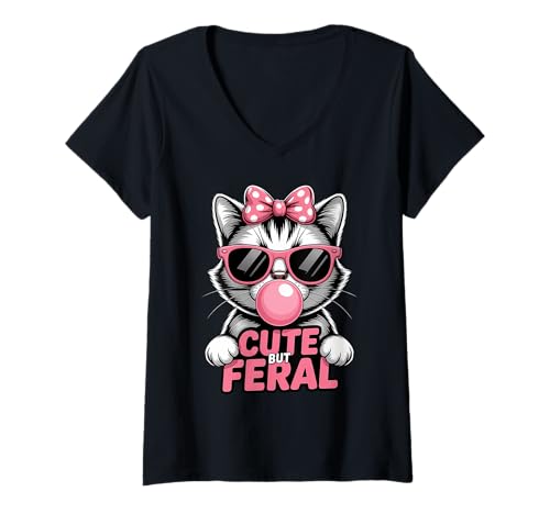 Damen Bubble Gum Rosa Sonnenbrille Cute But Feral Cat T-Shirt mit V-Ausschnitt von Purrfectly Wild for Cute Feral Lovers Everywhere