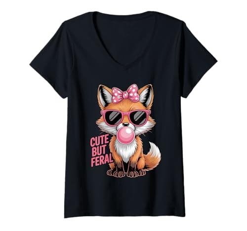 Damen Cute But Feral Fox Bubble Gum Pink Sonnenbrille T-Shirt mit V-Ausschnitt Damen Cute But Feral Fox Bubble Gum Pink Sonnenbrille T-Shirt mit V-Ausschnitt von Purrfectly Wild for Cute Feral Lovers Everywhere
