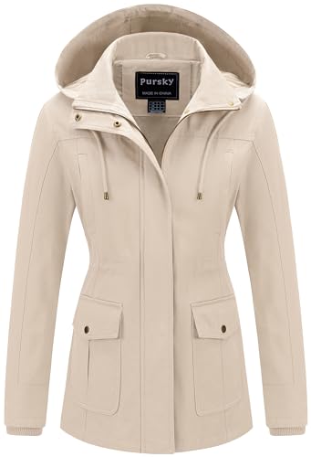 Pursky Anorakjacke für Damen, Baumwolle, leicht, lässig, Militärjacke, Safari-Utility-Mäntel mit abnehmbarer Kapuze, Beige, Medium von Pursky