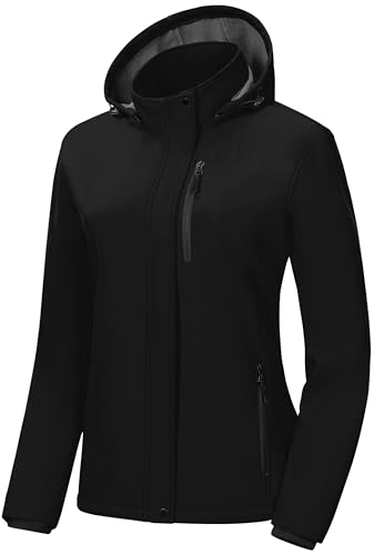 Pursky Damen Softshelljacke Leichte Fleece Gefütterte Regenjacke Wasserdicht Warm Windbreaker Mantel Mit Abnehmbarer Kapuze, Schwarz, XL von Pursky