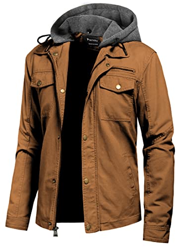 Pursky Herren Canvas Baumwolle Militär Freizeit Feldjacke Oberbekleidung mit abnehmbarer Kapuze, Worker Brown, L von Pursky