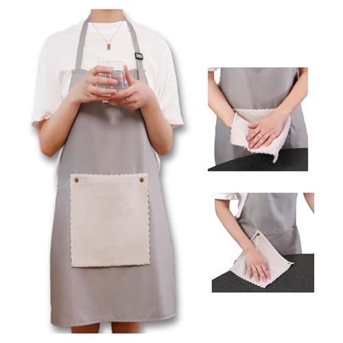 Pursufect Schürze mit Mikrofaser-Reinigungstuch & XL-Tasche, wasserdicht für Grillen/Kochen/Backen - Kochschürze/Küchenschürze Damen Herren Grau von Pursufect