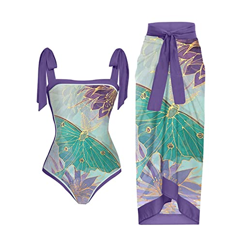 Badeanzug Damen Bauchweg für Damen Blumendruck Zweiteilig Sexy Vertuschung Bademode Beachwear Cover Up Bauchweg mit Vintage-Print V Ausschnitt Blume Druck Schwimmanzug Sommer Strandmode von Pursuit-W