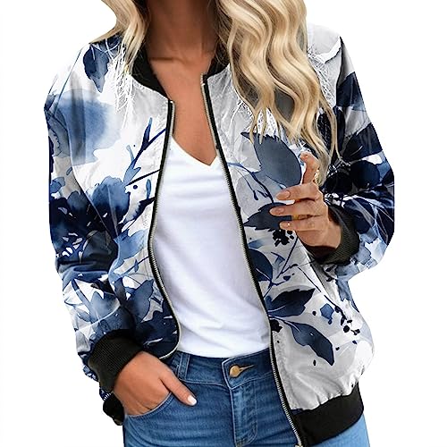 Blouson Damen Sommer Jacke Bomberjacke Leichte Mode Blumenmuster Langarm Damenjacke Stehkragen Casual College Jacket Fliegerjacke Kurzjacke Dünne Sommerjacke Herbst Outwear Coat Mit Reißverschluss von Pursuit-W