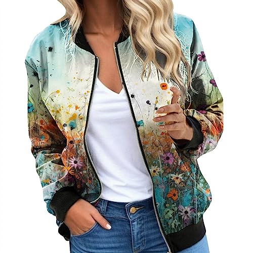 Bomberjacke Damen Blouson Jacke Leicht Casual Stehkragen Blumenmuster Langarm Lässige Reißverschluss Stehkragen Outwear Coat Sommer Herbst Übergangsjacke Taschen Frauen Mantel (0A-Orange, XXL) von Pursuit-W