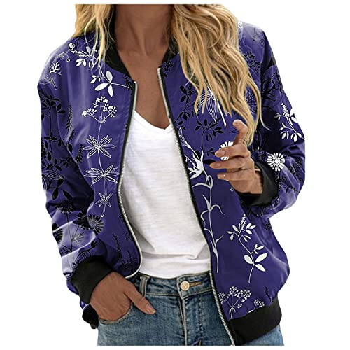 Bomberjacke Damen Blouson Jacke Leicht Casual Stehkragen Blumenmuster Langarm Lässige Reißverschluss Stehkragen Outwear Coat Sommer Herbst Übergangsjacke Taschen Frauen Mantel (0C-Purple, XXL) von Pursuit-W