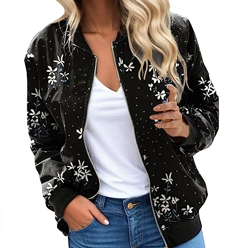 Bomberjacke Damen Blouson Jacke Leicht Casual Stehkragen Blumenmuster Langarm Lässige Reißverschluss Stehkragen Outwear Coat Sommer Herbst Übergangsjacke Taschen Frauen Mantel (0G-Pink, XXL) von Pursuit-W