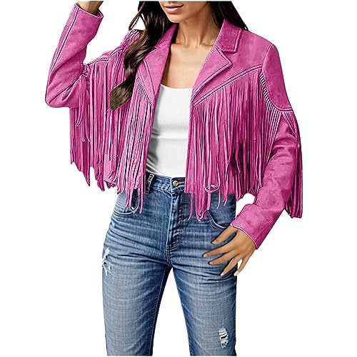 Damen Fransen Jacke Offene Front Strickjacke Fransenmantel Crop im Cowboy Einfarbig Herbstjacke Langarm Übergangsjacke Slim Faux Hippie MotorBikerStrickjacke Tops Mit Quasten (x1-Hot Pink, M) von Pursuit-W